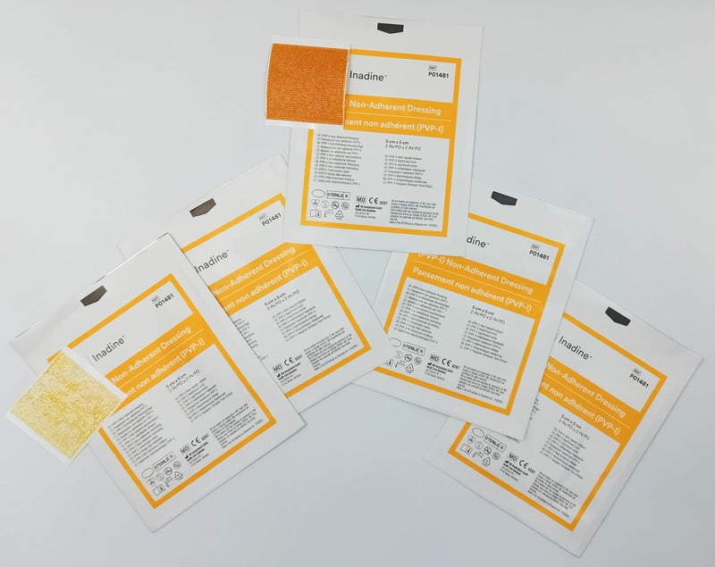 Pack of 5 Inadine Dressings 5cm x 5cm â€“ Antiseptic Non-Adherent Pads for Wound Care & Infection Prevention | Iodine-Impregnated Wound Dressings